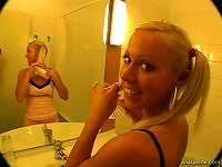 Cute blonde teen with pigtails swallows a cum after a hard pounding